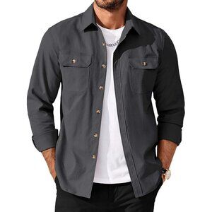 Men’s Casual Shirt Jacket, Long Sleeve Button-Up Shacket with Flap Pockets Gray